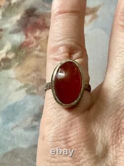 ART DECO c1930 CORAL, AGATE, CRAB MARK, STERLING SILVER, ANTIQUE RING