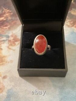 ART DECO c1930 CORAL, AGATE, CRAB MARK, STERLING SILVER, ANTIQUE RING