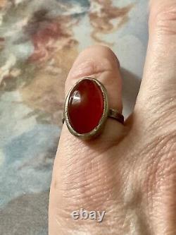 ART DECO c1930 CORAL, AGATE, CRAB MARK, STERLING SILVER, ANTIQUE RING