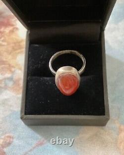 ART DECO c1930 CORAL, AGATE, CRAB MARK, STERLING SILVER, ANTIQUE RING