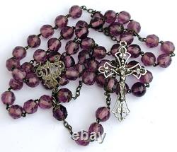 Amethyst bead rosary with solid silver medal and antique crucifix