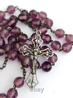 Amethyst bead rosary with solid silver medal and antique crucifix