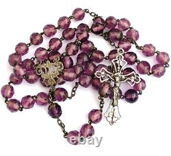 Amethyst bead rosary with solid silver medal and antique crucifix