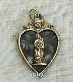 Ancien Pendent Religious Argent Massif Verre N D De Betharram Stained Glass Angel