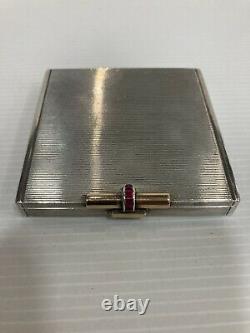 Ancien Poudrier Argent Massif Rubis Art Deco Silver Powder Compact