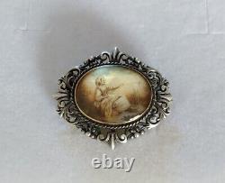 Ancienne Broche XIX Argent Massif & Or 18k Miniature Peinte Style Renaissance