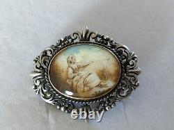 Ancienne Broche XIX Argent Massif & Or 18k Miniature Peinte Style Renaissance