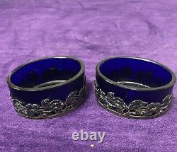 Ancienne Pair Of Cristal Blue Salers And Massing Argent Massif 19th