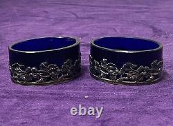 Ancienne Pair Of Cristal Blue Salers And Massing Argent Massif 19th