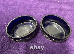 Ancienne Pair Of Cristal Blue Salers And Massing Argent Massif 19th