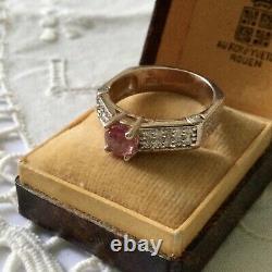 Ancienne Splendide Bague Tank Rubis, Vermeil Or Rose, Argent Massif, Topaze