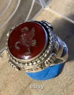 Ancient Afghan 19th Century Ring, Silver Massif, Cornaline Intail Bird