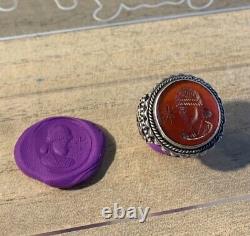 Ancient Afghan 19th Century Ring, Silver Massive Cornaline Incision, Men's Head