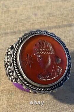 Ancient Afghan 19th Century Ring, Silver Massive Cornaline Incision, Men's Head
