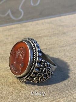 Ancient Afghan 19th Century Ring, Silver Massive Cornaline Incision, Men's Head