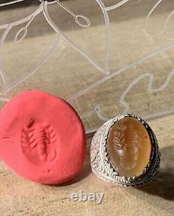 Ancient Afghan Ring, 20th Century, Solid Silver, Carnelian, Scorpion Intaglio