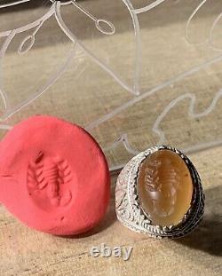 Ancient Afghan Ring, XX, Solid Silver, Carnelian, Scorpion Intaglio