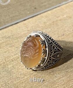 Ancient Afghan Ring, XX, Solid Silver, Carnelian, Scorpion Intaglio