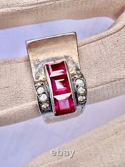 Ancient Art Deco Solid Silver/Gilt Tank Ring with Unidentified Stones Size T59/60