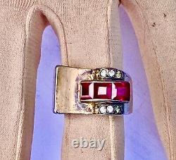 Ancient Art Deco Solid Silver/Gilt Tank Ring with Unidentified Stones Size T59/60