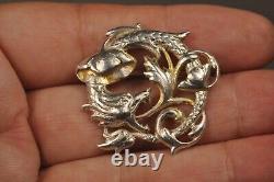 Ancient Art Nouveau Chimera Brooch in Solid Silver and Gold Antique Griffin