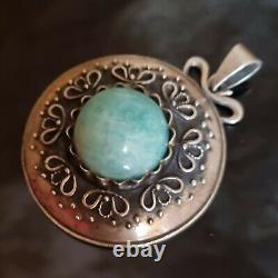 Ancient Artisan Solid Silver Amazonite Pendant Austria Circa 1930 37mm H50mm