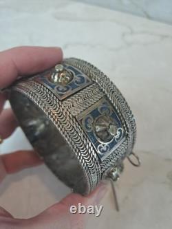 Ancient Berber Bracelet Morocco Solid Silver and Enamel Berber Ethnic Solid Silver