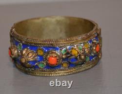 Ancient Berber Cuff Bracelet in Solid Engraved Silver with Enamel Ethnic Jewelry