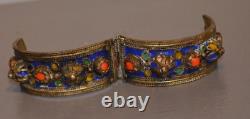 Ancient Berber Cuff Bracelet in Solid Engraved Silver with Enamel Ethnic Jewelry