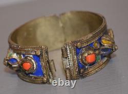 Ancient Berber Cuff Bracelet in Solid Engraved Silver with Enamel Ethnic Jewelry