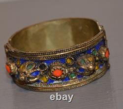 Ancient Berber Cuff Bracelet in Solid Engraved Silver with Enamel Ethnic Jewelry