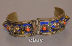 Ancient Berber Cuff Bracelet in Solid Engraved Silver with Enamel Ethnic Jewelry