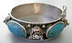 Ancient Berber Turquoise Bracelet in Solid Silver with Crab Stamp Kabyle Morocco