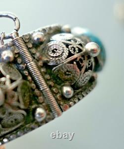Ancient Berber Turquoise Bracelet in Solid Silver with Crab Stamp Kabyle Morocco