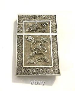 Ancient Chinese Silver Filigree Dragon Decor Solid Silver Case China Travel Box