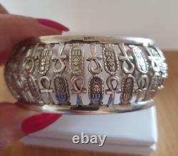 Ancient Cuff Bracelet in Solid Egyptian Silver Ankh Scarab 44g