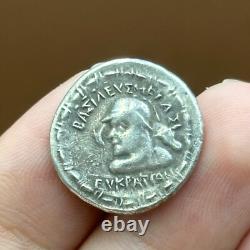 Ancient Greco-Bactrian coin of Eucratides I in solid silver AR t