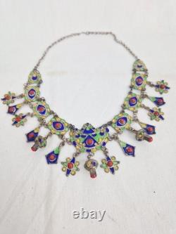 Ancient Kabyle Berber Necklace in Solid Silver with Blue, Green, and Yellow Enamel from Africa