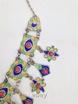Ancient Kabyle Berber Necklace in Solid Silver with Blue, Green, and Yellow Enamel from Africa