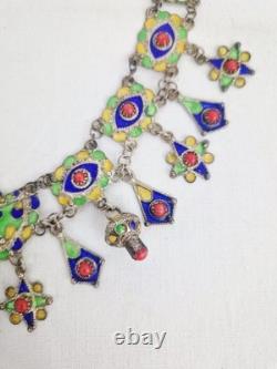 Ancient Kabyle Berber Necklace in Solid Silver with Blue, Green, and Yellow Enamel from Africa