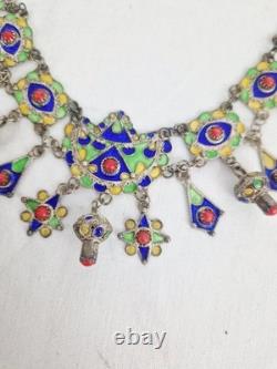 Ancient Kabyle Berber Necklace in Solid Silver with Blue, Green, and Yellow Enamel from Africa
