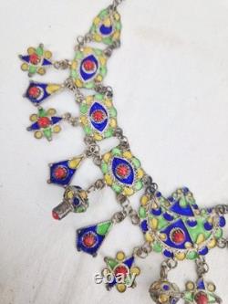 Ancient Kabyle Berber Necklace in Solid Silver with Blue, Green, and Yellow Enamel from Africa