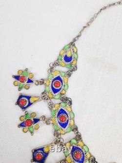 Ancient Kabyle Berber Necklace in Solid Silver with Blue, Green, and Yellow Enamel from Africa