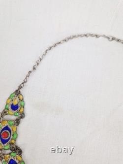 Ancient Kabyle Berber Necklace in Solid Silver with Blue, Green, and Yellow Enamel from Africa