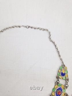 Ancient Kabyle Berber Necklace in Solid Silver with Blue, Green, and Yellow Enamel from Africa