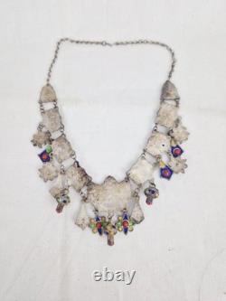 Ancient Kabyle Berber Necklace in Solid Silver with Blue, Green, and Yellow Enamel from Africa