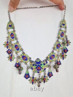 Ancient Kabyle Berber Necklace in Solid Silver with Blue, Green, and Yellow Enamel from Africa