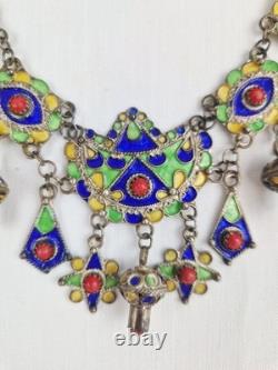 Ancient Kabyle Berber Necklace in Solid Silver with Blue, Green, and Yellow Enamel from Africa