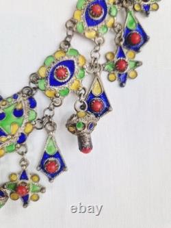 Ancient Kabyle Berber Necklace in Solid Silver with Blue, Green, and Yellow Enamel from Africa