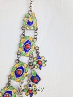 Ancient Kabyle Berber Necklace in Solid Silver with Blue, Green, and Yellow Enamel from Africa
